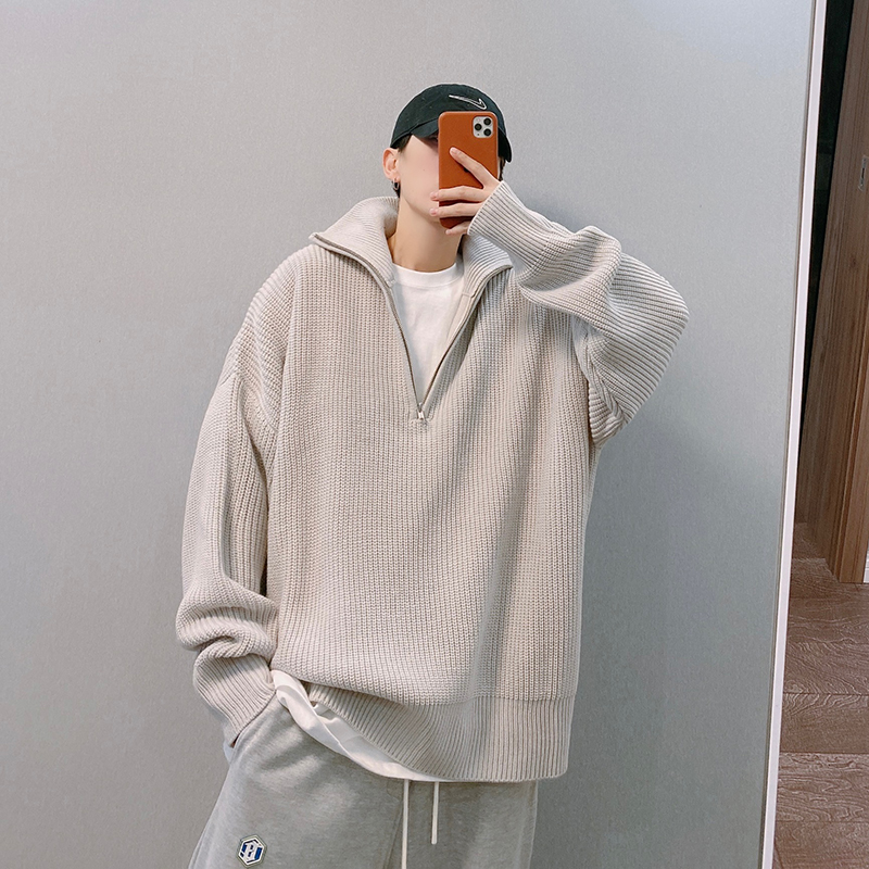 dannyandzee春季国潮高街宽松慵懒半高领拉链套头针织毛衣外套男