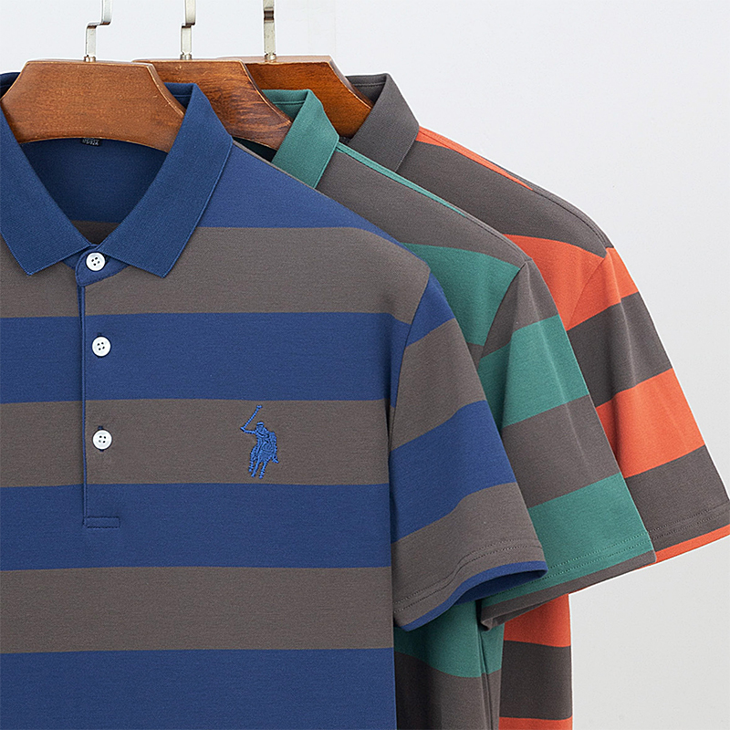 纯棉条纹短袖t恤男大码全棉衣服中年宽松刺绣翻领上衣珠地棉t恤衫