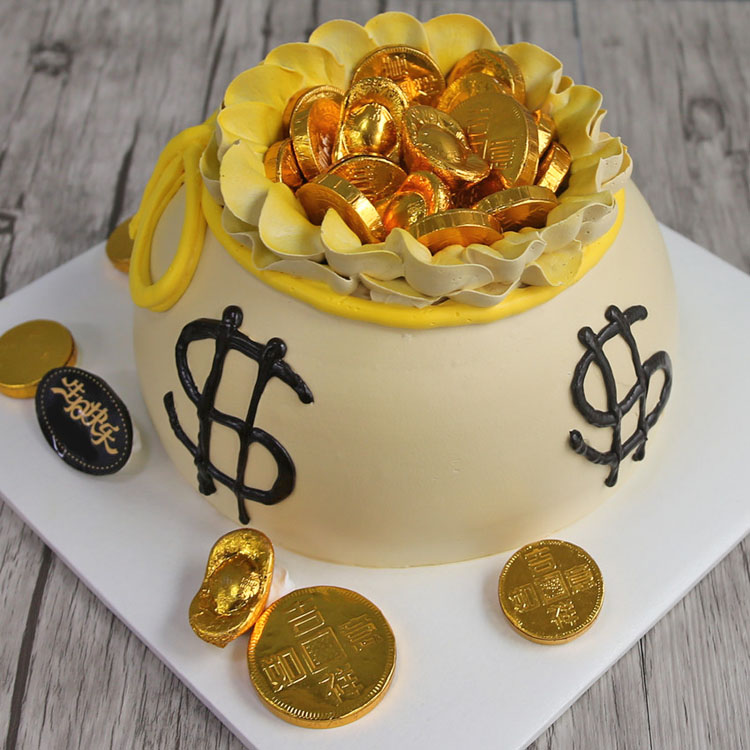 广州同城配送生日蛋糕新鲜钱袋聚宝盆金币新鲜蛋糕