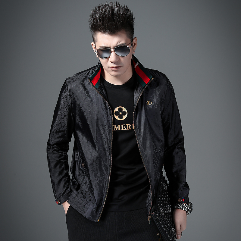 韩版痞帅暗纹立领夹克2021秋季新款时尚印花中青年修身外套男士潮