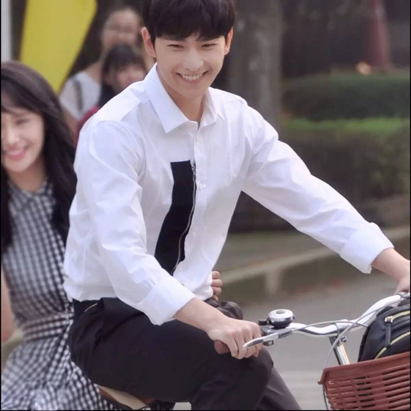 2017春上新微微一笑很倾城杨洋肖奈拼接白衬衫男休闲韩版同款长袖