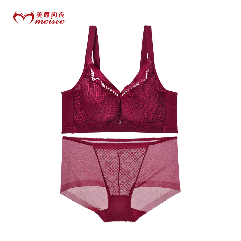 meisee美思内衣女士钢圈网纱小胸聚拢托收副乳下垂文胸套装