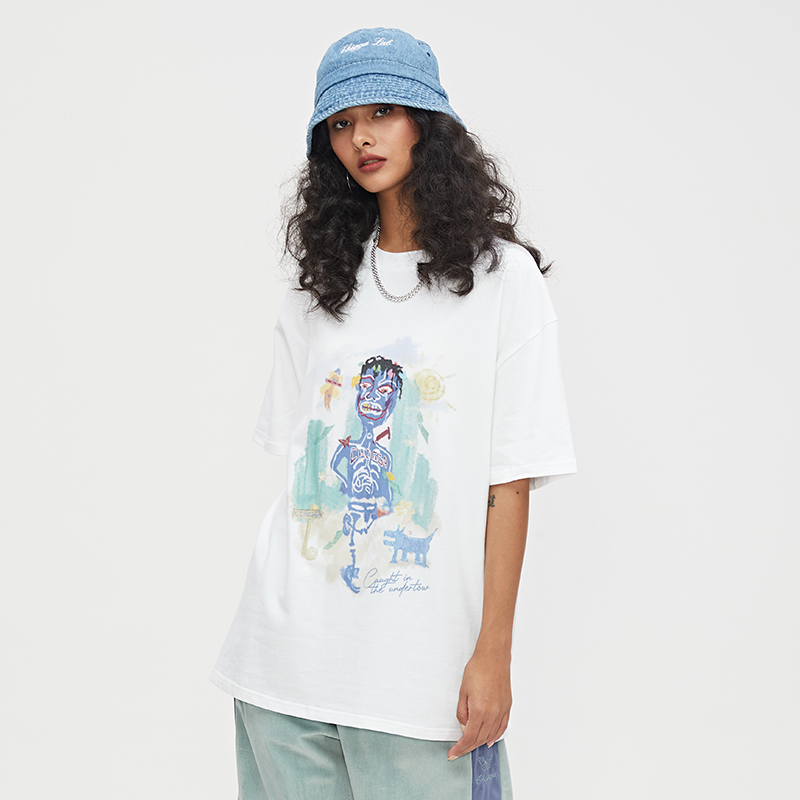 CHIGGALAB黄鬼手绘涂鸦人物短袖T恤男潮牌宽松蝴蝶印花情侣T恤