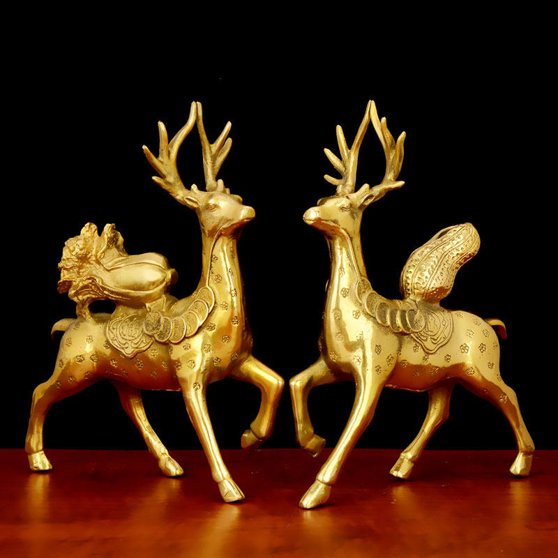 风水阁招财财鹿铜鹿摆件纯铜一对铜钱元宝白菜摆件
