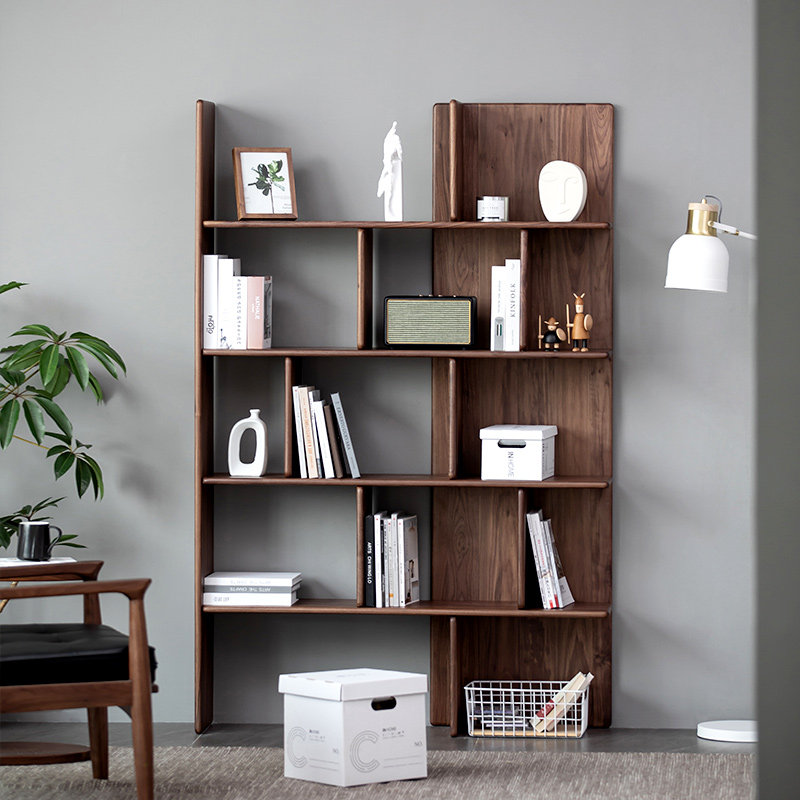 北欧风实木书架落地黑胡桃木玄关柜多层置物架收纳架书房创意书柜