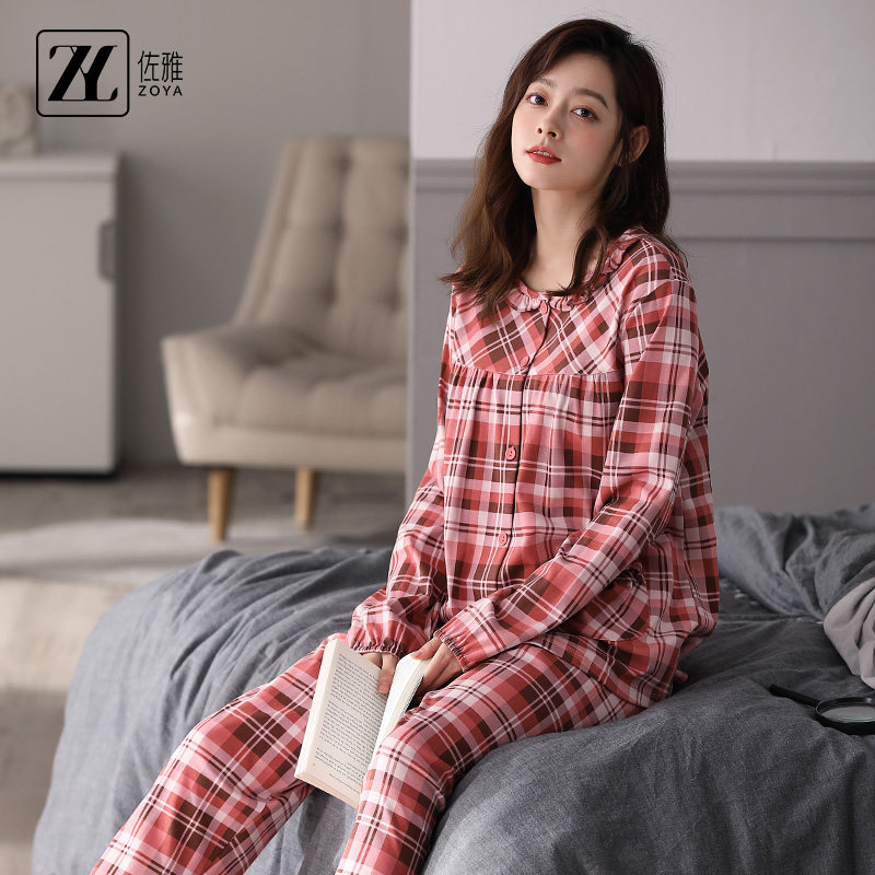 佐雅2021春秋新款睡衣长袖针织纯棉格子开衫睡衣