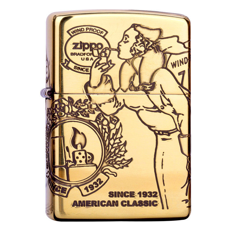 正版zippo打火机四面环绕纯铜精雕风中女郎抽烟女郎zippo