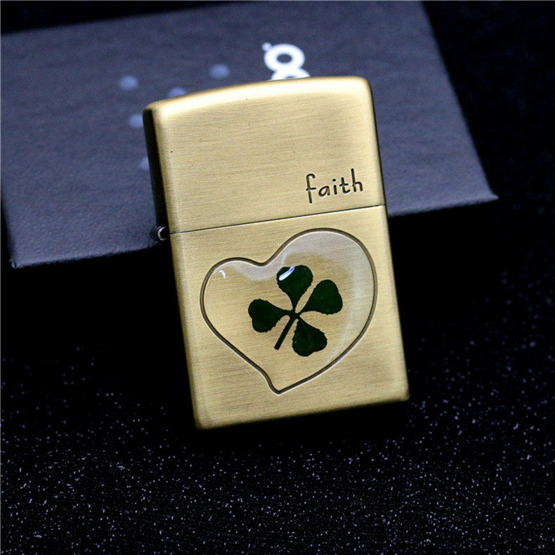 原装正版zippo打火机纯铜镀银四叶草幸运真诚天然zippo