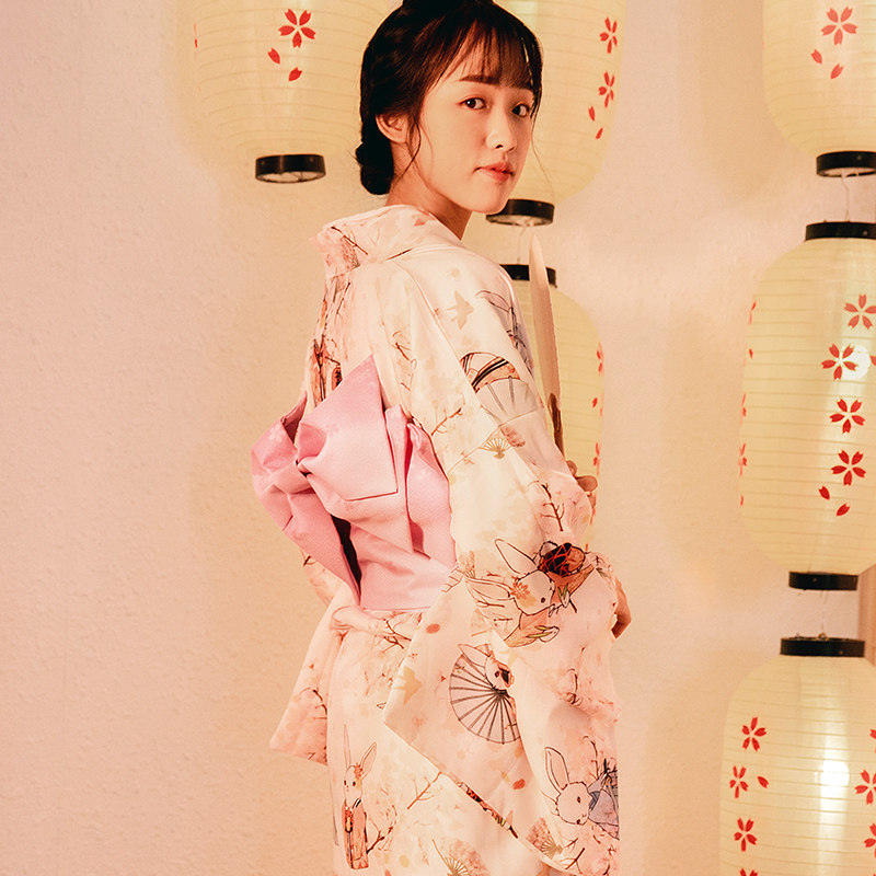和风细语日系长款粉白白色樱花祈愿和服浴衣连衣裙