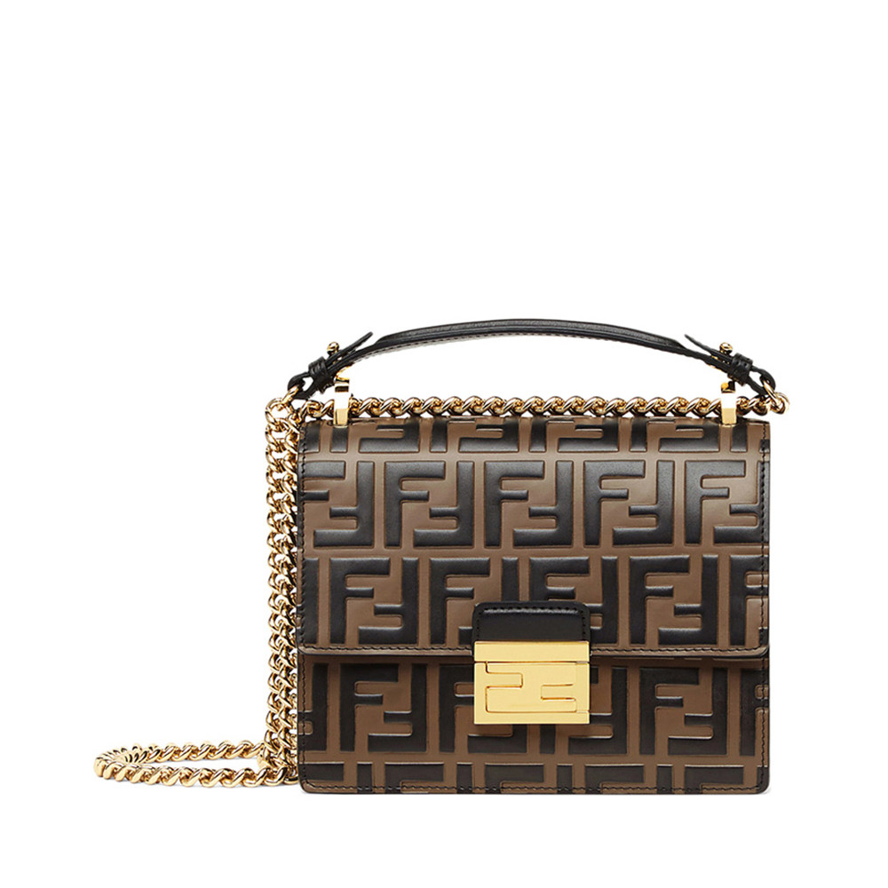 fendi芬迪时尚女士斜挎包棕色经典logo印花金属女士包袋