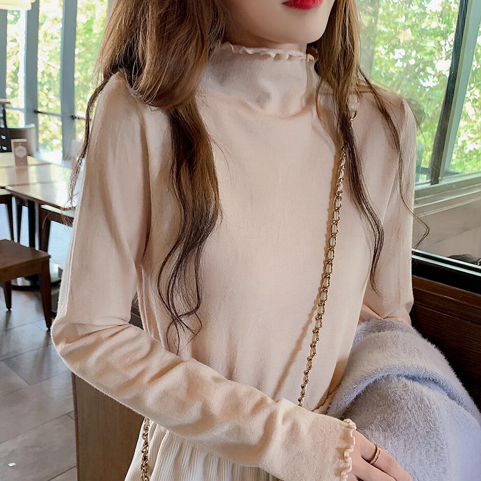 薄款木耳边半高领针织衫秋季新款女内搭打底衫糖果色毛衣2019新款