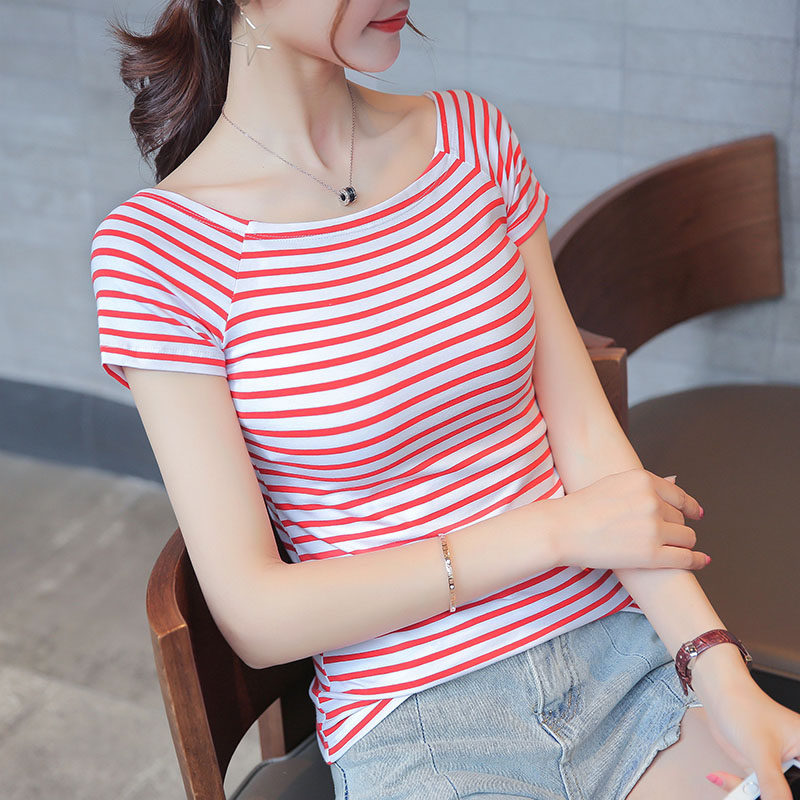 一字彩虹上衣身体修身粉色平肩露背低领肩上t恤