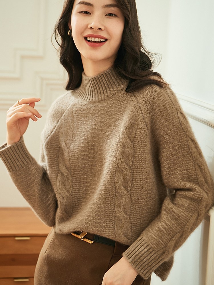 2022秋冬时尚绞花半高高领纯山羊绒衫加厚外穿羊绒衫