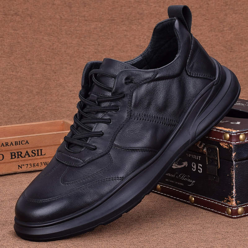 高端皮鞋男真皮软皮春秋款韩版潮流软底头层牛皮透气鞋子休闲板鞋