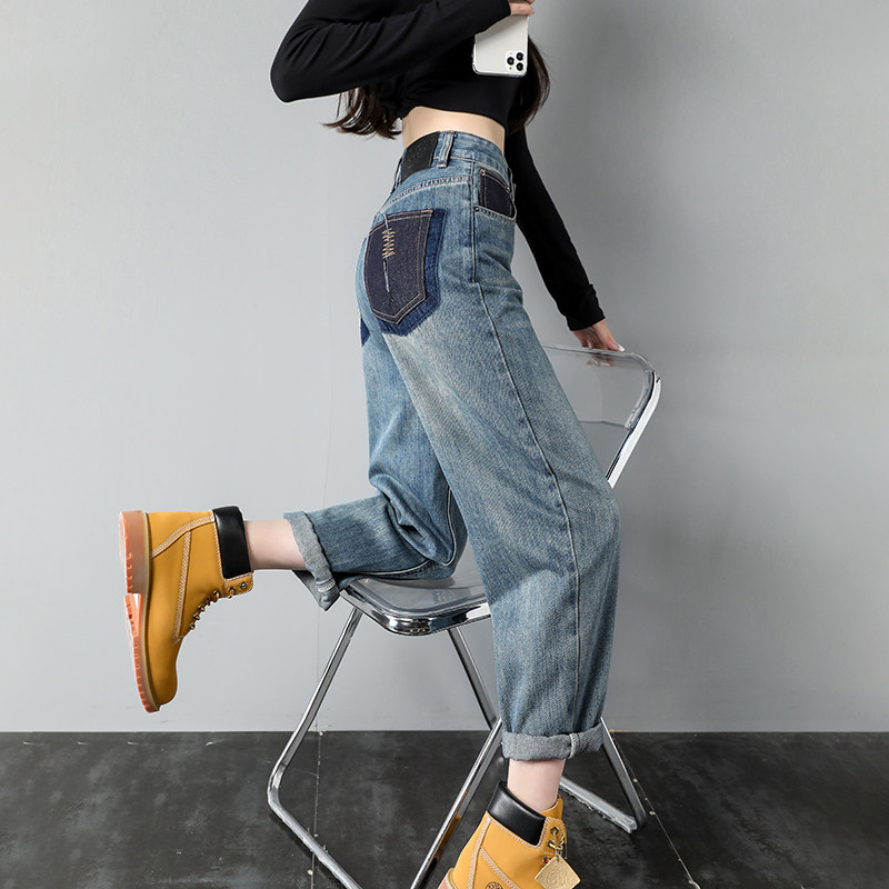 2022年秋冬季新款高腰哈伦牛仔裤女潮ins炸街显瘦加绒加厚老爹裤