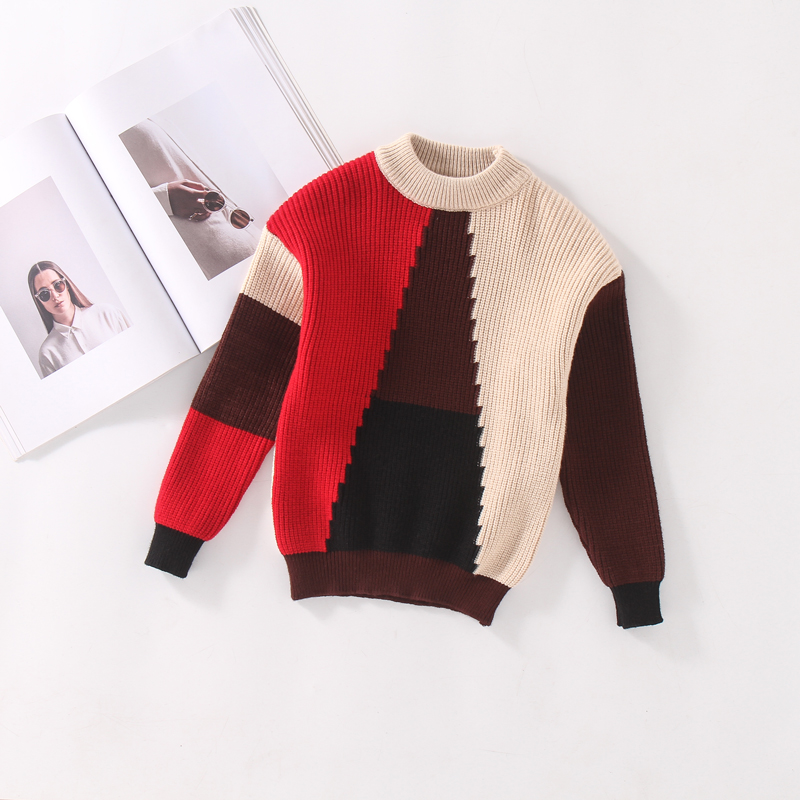 2021春季新款女童时髦毛衣中大儿童拼色针织衫毛衣