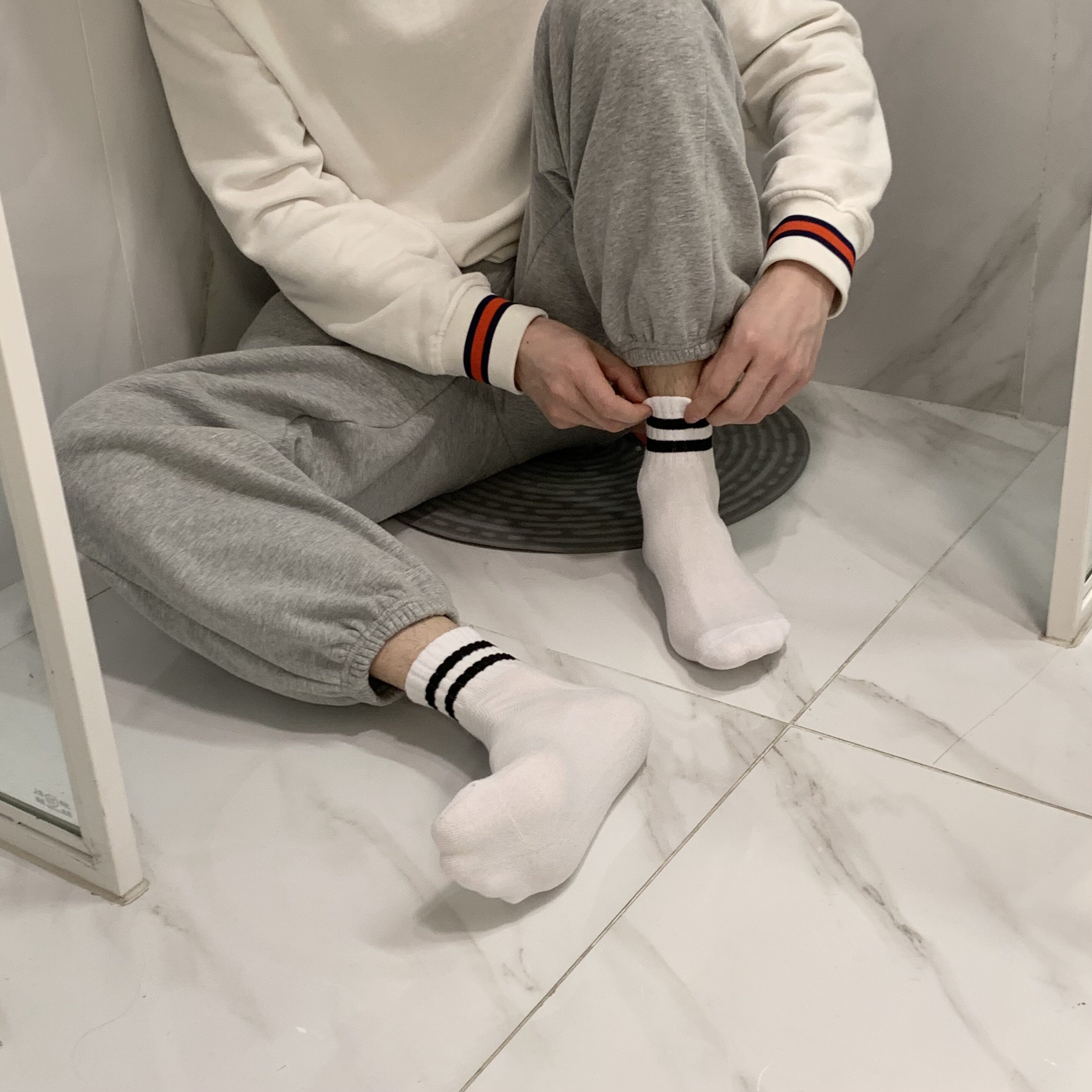 kocean白袜控经典二道百搭条纹纯棉新疆棉毛毛巾运动袜