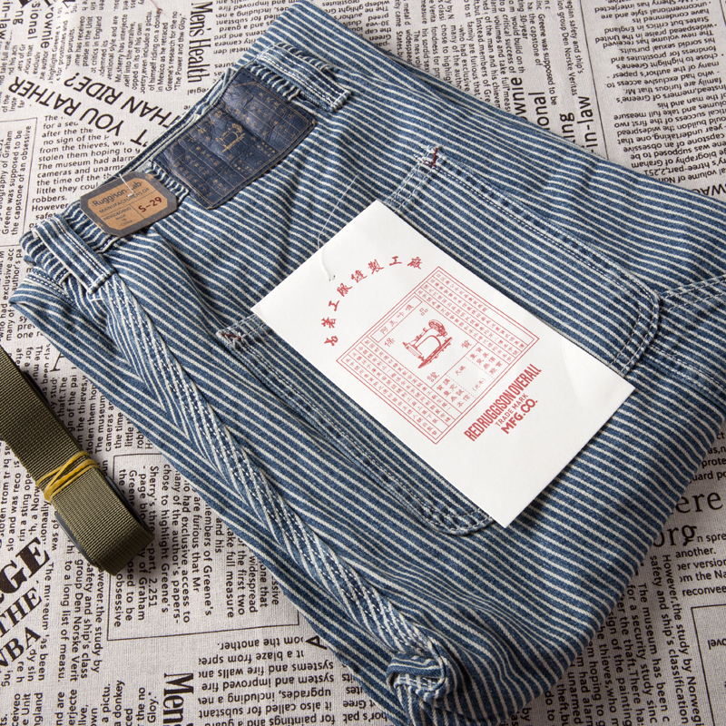 重磅阿美咔叽美式复古日系军事风蓝染鱼骨条纹宽松直筒工装牛仔裤