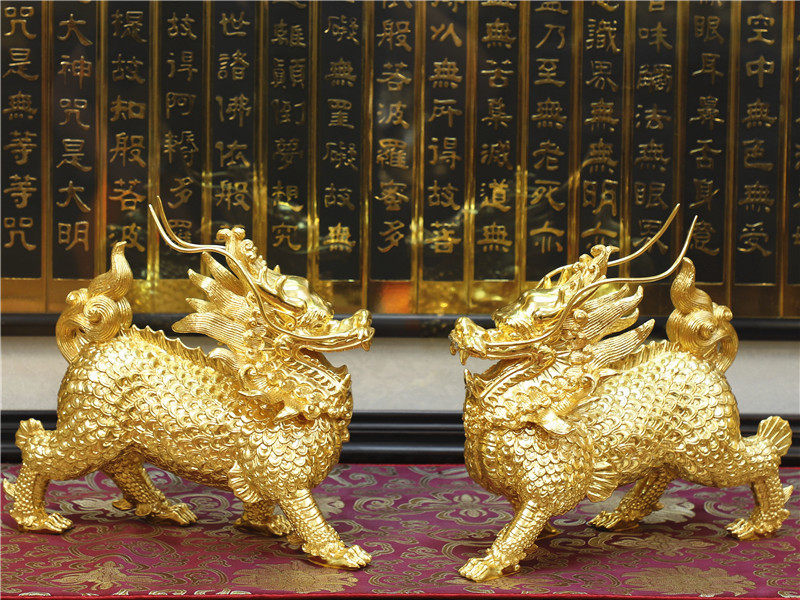 门厅摆件台湾纯铜贴金金麒麟一对招财家用客厅摆件