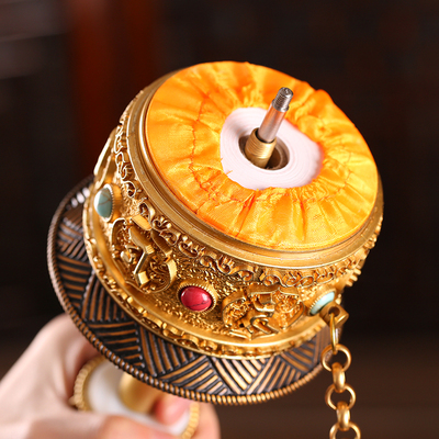 尼泊尔纯铜八吉祥莲花转经轮手摇家用供奉六字真言转经筒大号摆件