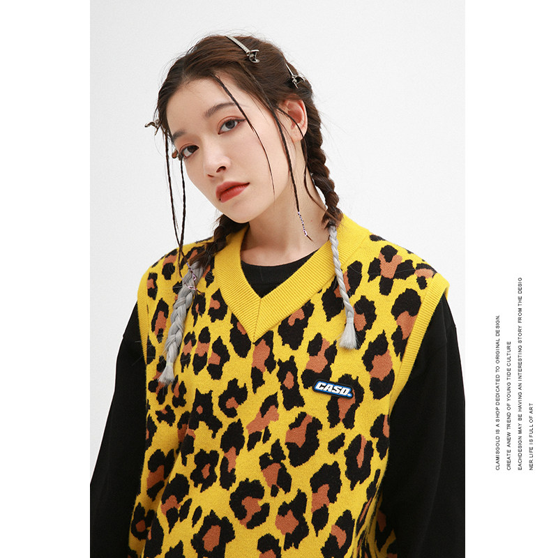 clamisgold潮牌复古嘻哈宽松松豹领针针织背心男女针织衫