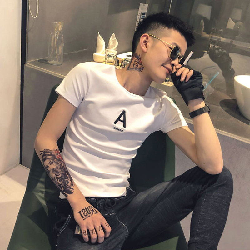 社会人修身网红短袖男t恤精神小伙刺绣丅恤潮流潮牌半袖衣服小衫