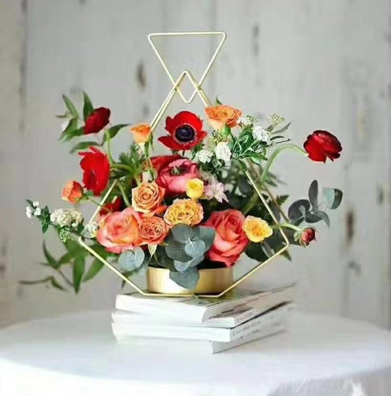 金色铁艺插花花架手提花篮婚庆节日摆件丝网其他花器
