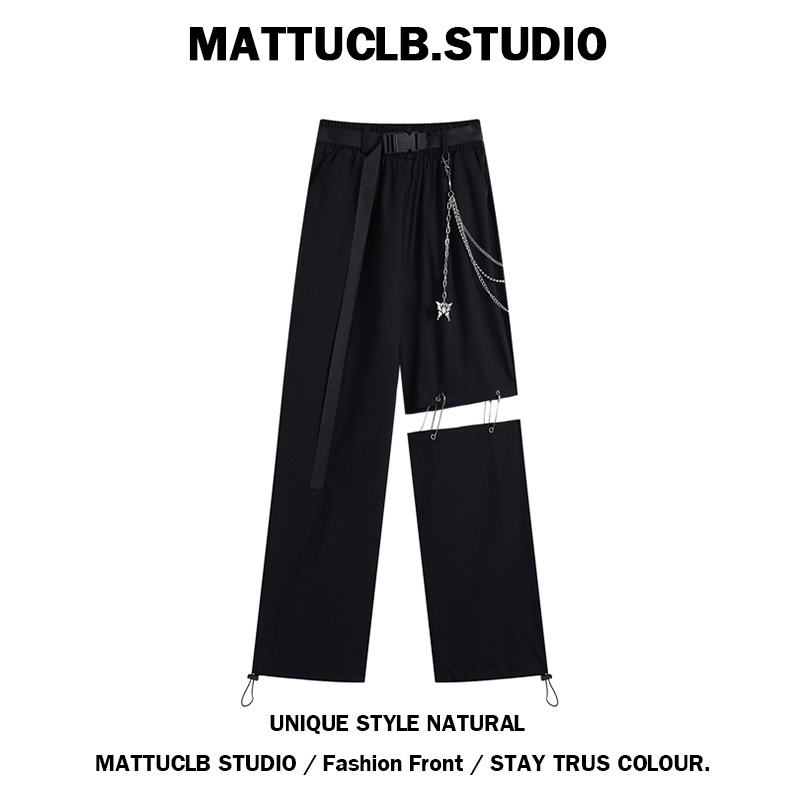 MATTUCLB 黑色破洞工装裤女夏季薄款韩版宽松设计感直筒束脚长裤