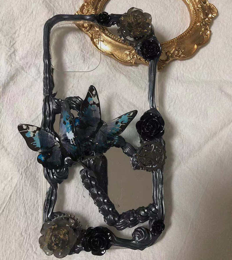 暗黑黑蝴蝶镜子奶油胶手机壳苹果华为p30xsmax小米手机保护套