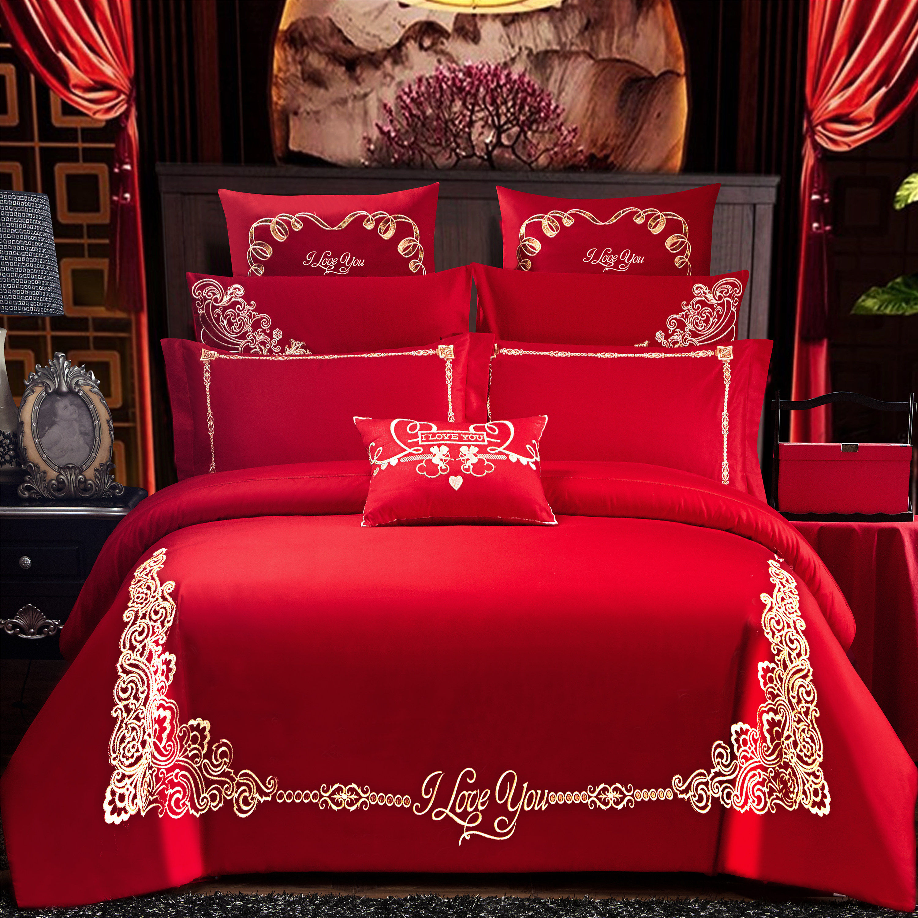 件套新婚庆结婚刺绣纯棉八十被子房喜红色大红婚庆床品套件