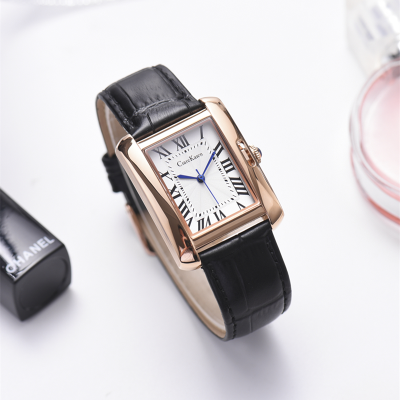 ck手表女士真皮时尚潮流防水腕表复古罗马字小方表盘荔枝纹石英表