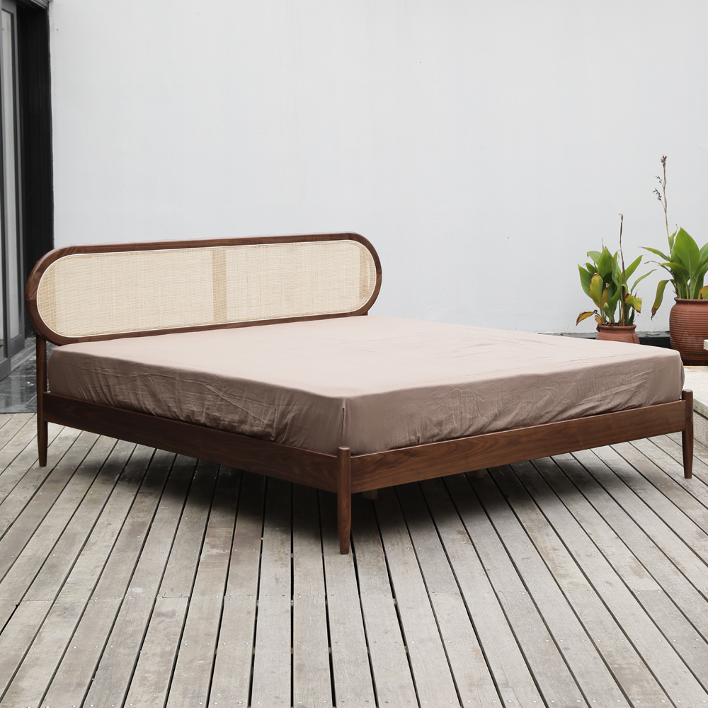 九木藤编简约圆形木床胡桃木胡桃床黑主卧木工藤艺床