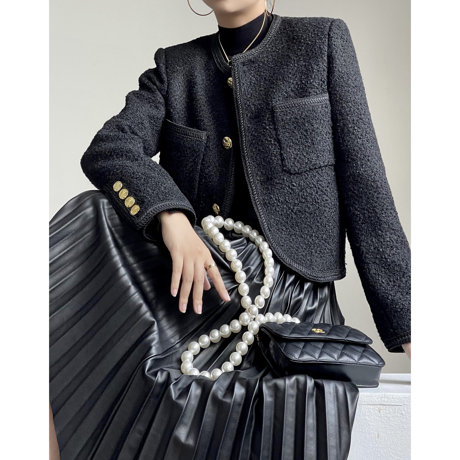 belin定制小香风外套女秋法式复古黑色圆领单排短外套