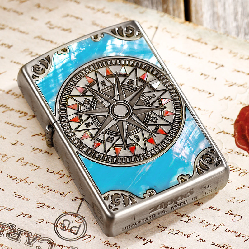 zippo打火机美国原装进口日版蚀刻贝壳镶嵌机罗盘zppozippo