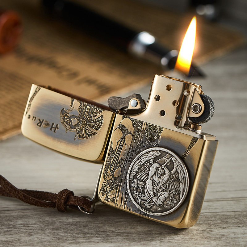 zippo正版打火机纯铜雕刻荷鲁斯纯银贴章个性创意zippo