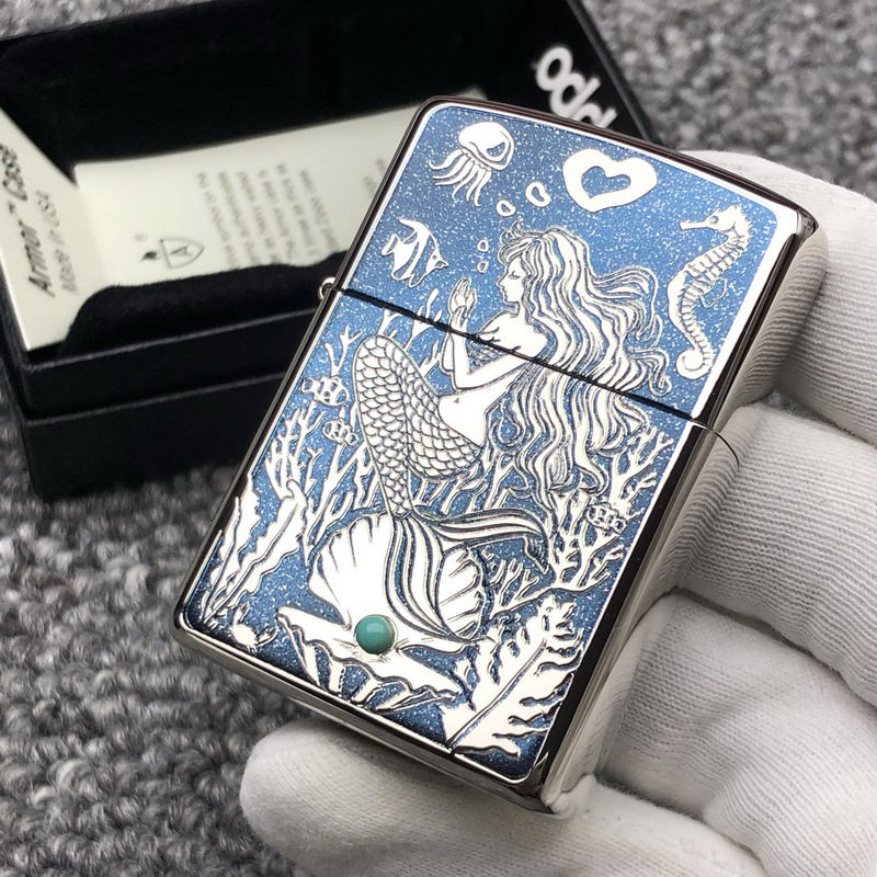 正品zippo打火机海底美人鱼绿松松石贴章镜面盔甲zippo