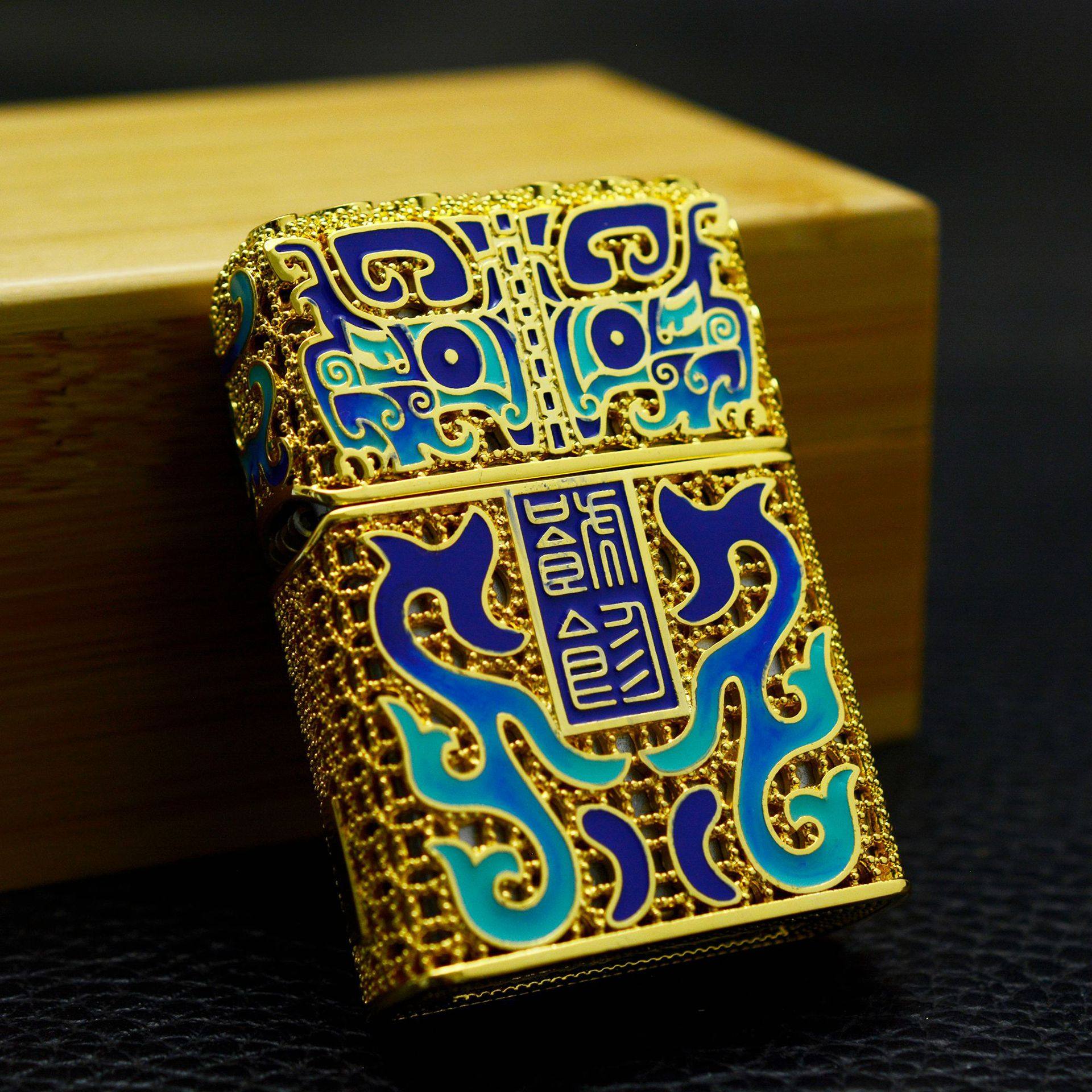 打火机zippo正版国潮山海经瑞兽饕餮珐琅收藏限量zippo