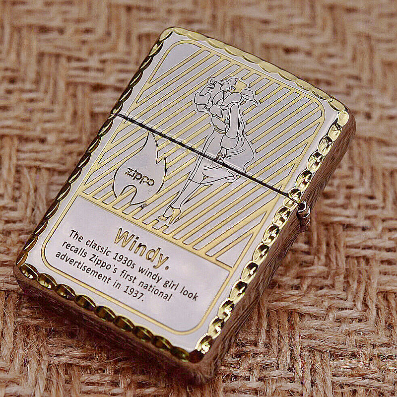 打火机原装正版zippo双色凿边精雕风女风中女郎盔甲机zippo
