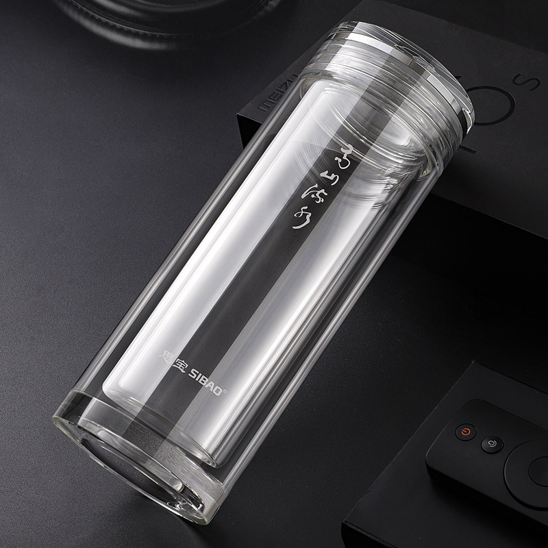 思宝玻璃杯高山流水双层水晶杯商务茶杯男士高档透明车载便携水杯