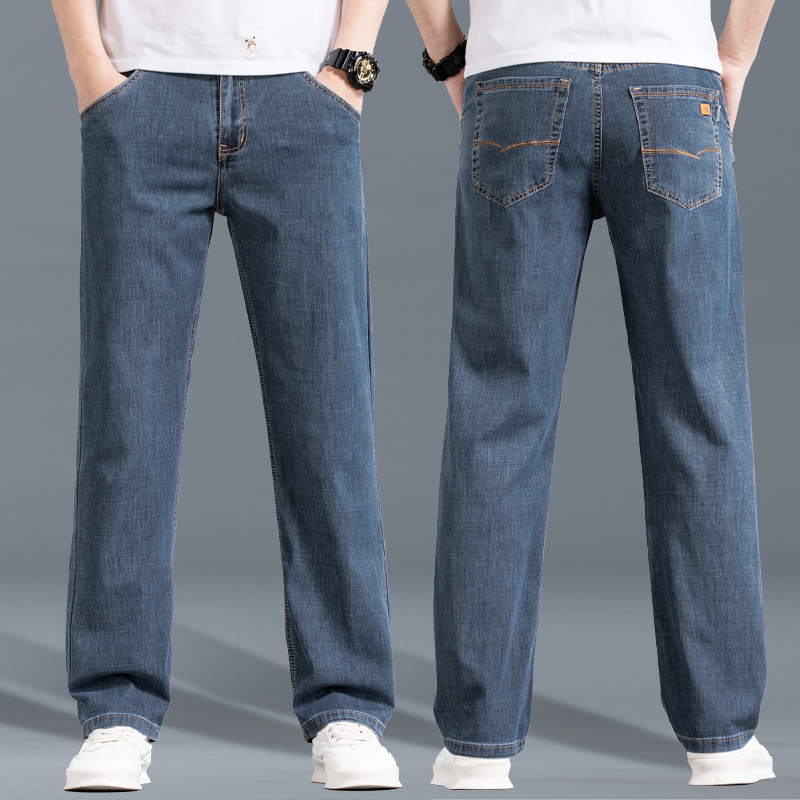 jeans夏季高端牛仔裤男宽松直筒春季斜口袋弹力休闲长裤大裤脚溥