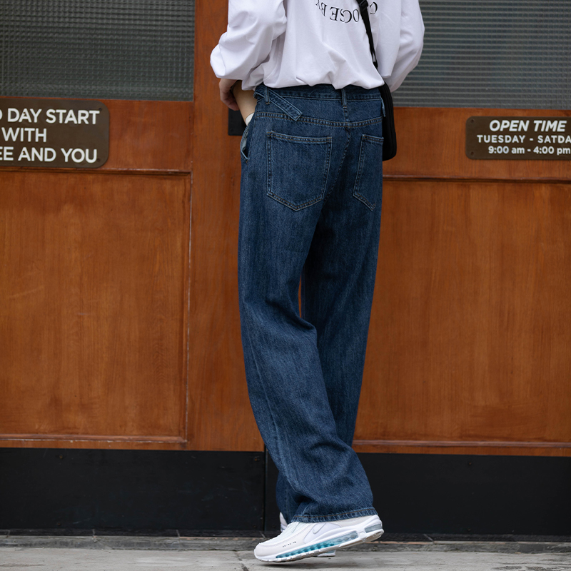 原创牛仔裤男宽松直筒深蓝垂感阔腿裤子日系复古磨毛加厚休闲长裤