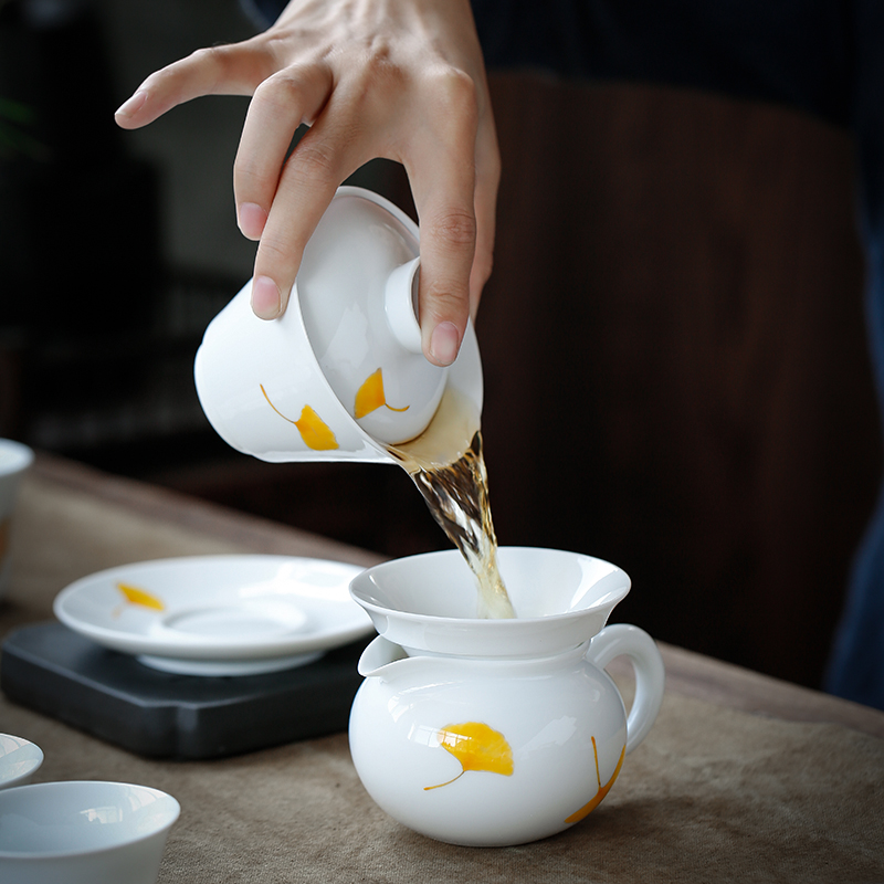 川朴 手绘釉下彩银杏盖碗 陶瓷三才碗功夫茶道泡茶器薄胎敬茶碗