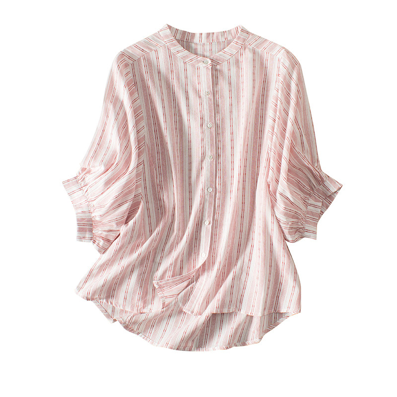 青春感觉舒适宽松版亲全棉竖纹鸡腿袖排圆领衬衫