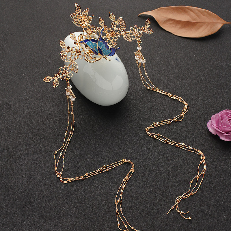 古装发饰烧蓝发冠汉服头饰全套头冠流苏步摇超仙少女盘发古风饰品