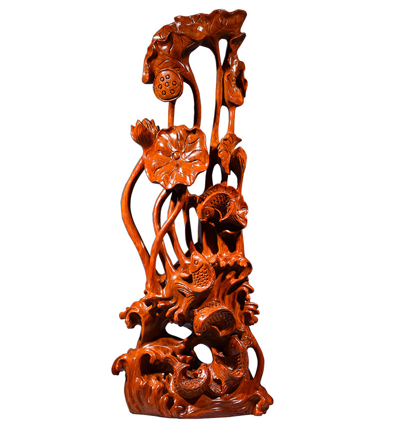 花梨木雕雕刻年年有鱼根雕摆件红木家居荷花动物木雕