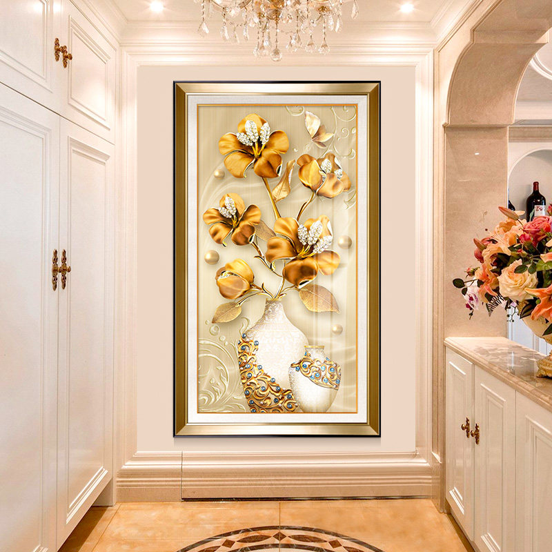 轻奢玄关装饰画 晶瓷画欧式美式风格花入户走廊过道竖版挂画现代