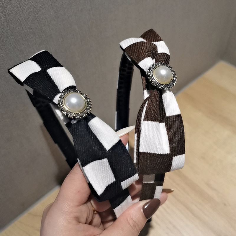 韩国东大门珍珠侧面蝴蝶结发箍细边带齿网红发卡纯棉格子头箍头饰