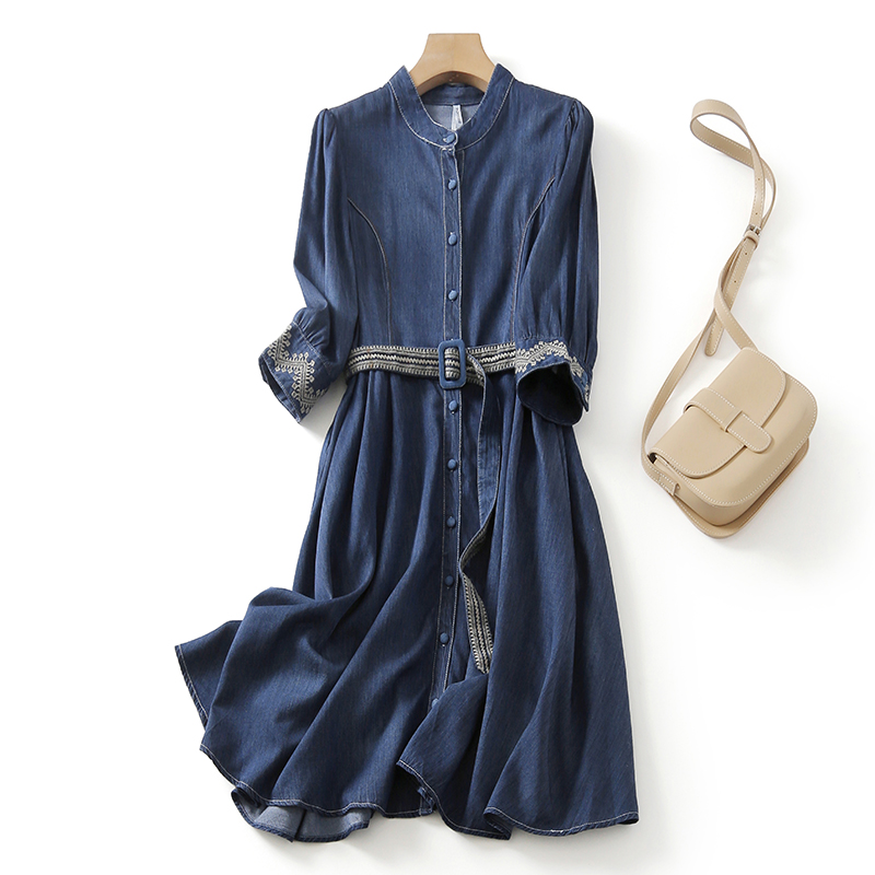 2021春夏民族风刺绣系带垂感连衣裙女七分袖气质显瘦休闲牛仔裙薄