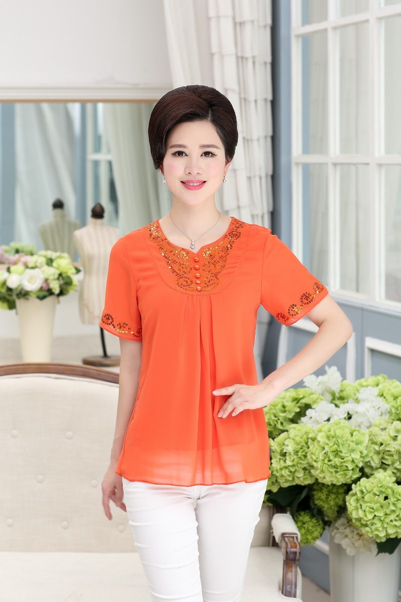 中老年夏装女款上衣服装中年人女装妈妈短袖t恤40-50-60岁雪纺衫