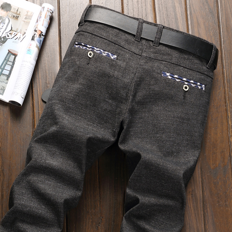 2021年春秋季男士休闲裤中腰纯棉磨毛黑百搭裤子修身直筒商务长裤